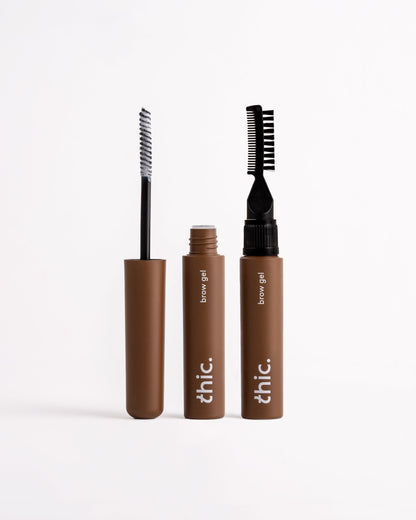 Thic Brow clear brow gel tube with brush and comb applicator. Strong all day hold